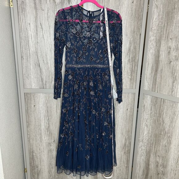 Mac Duggal Dress Size 4 Midi Beaded Style 10799 Illusion A Line Navy NWT - Picture 3 of 14
